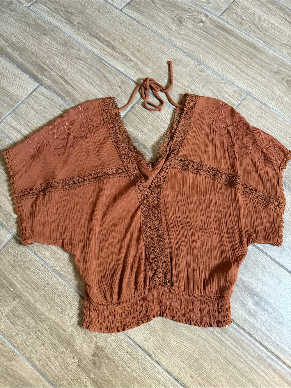 ELF Rust Embroidered Cropped V-Neck Tie-Back Top
